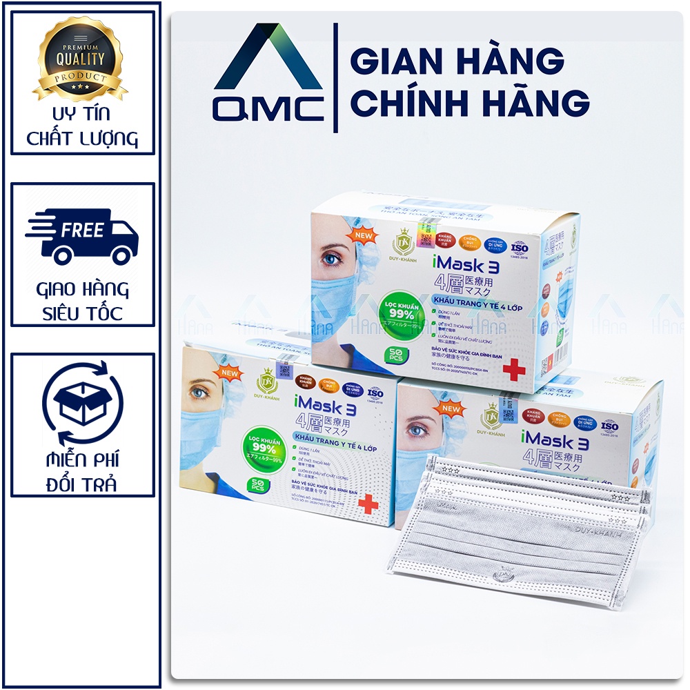 Khẩu trang y tế, Khẩu trang DUY KHÁNH kháng khuẩn 4 lớp, hàng chính hãng, hộp 50c #QMC