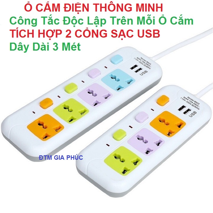 [Mấu Mới 2022] Ổ Cắm Điện Đa Năng Nhiều Ổ Điện Và 2 Cổng USB, Dây Dài 3 Mét