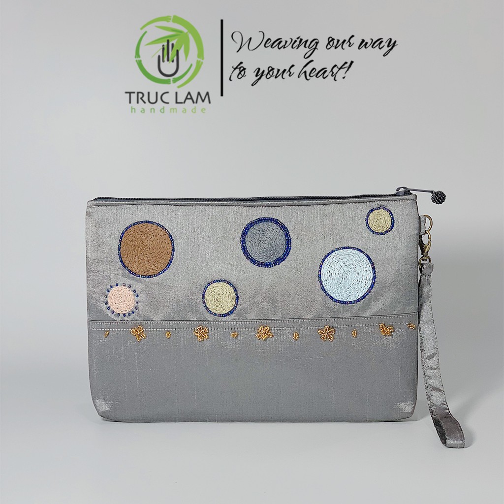 Ví Cầm Tay Đựng Ipad Clutch Vải Tafta Thêu Vòng Tròn Hạt Cườm Thủ Công Cỡ Lớn - Trúc Lâm Handmade