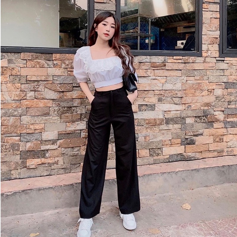 Quần ống rộng xuông cạp cao chống nhăn hack dáng đen trơn  tingoan CHARLIE CULOTTES/BL | BigBuy360 - bigbuy360.vn