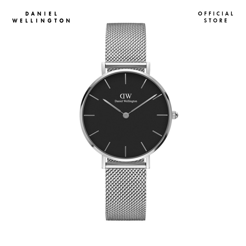 Đồng hồ Nữ Daniel Wellington dây lưới Petite Sterling mặt đen vỏ bạc