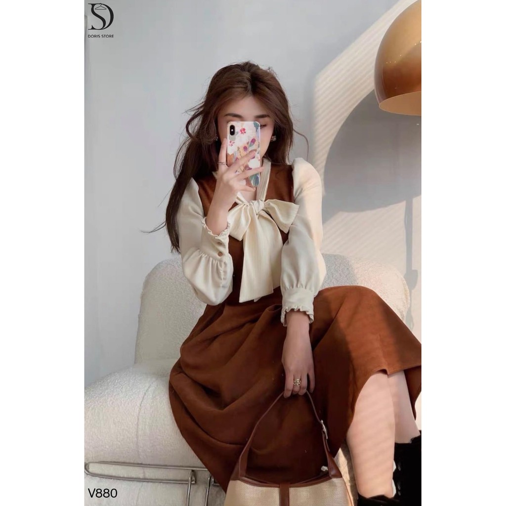 VÁY NHUNG NÂU TAY PHỐI CỔ NƠ dáng xoè