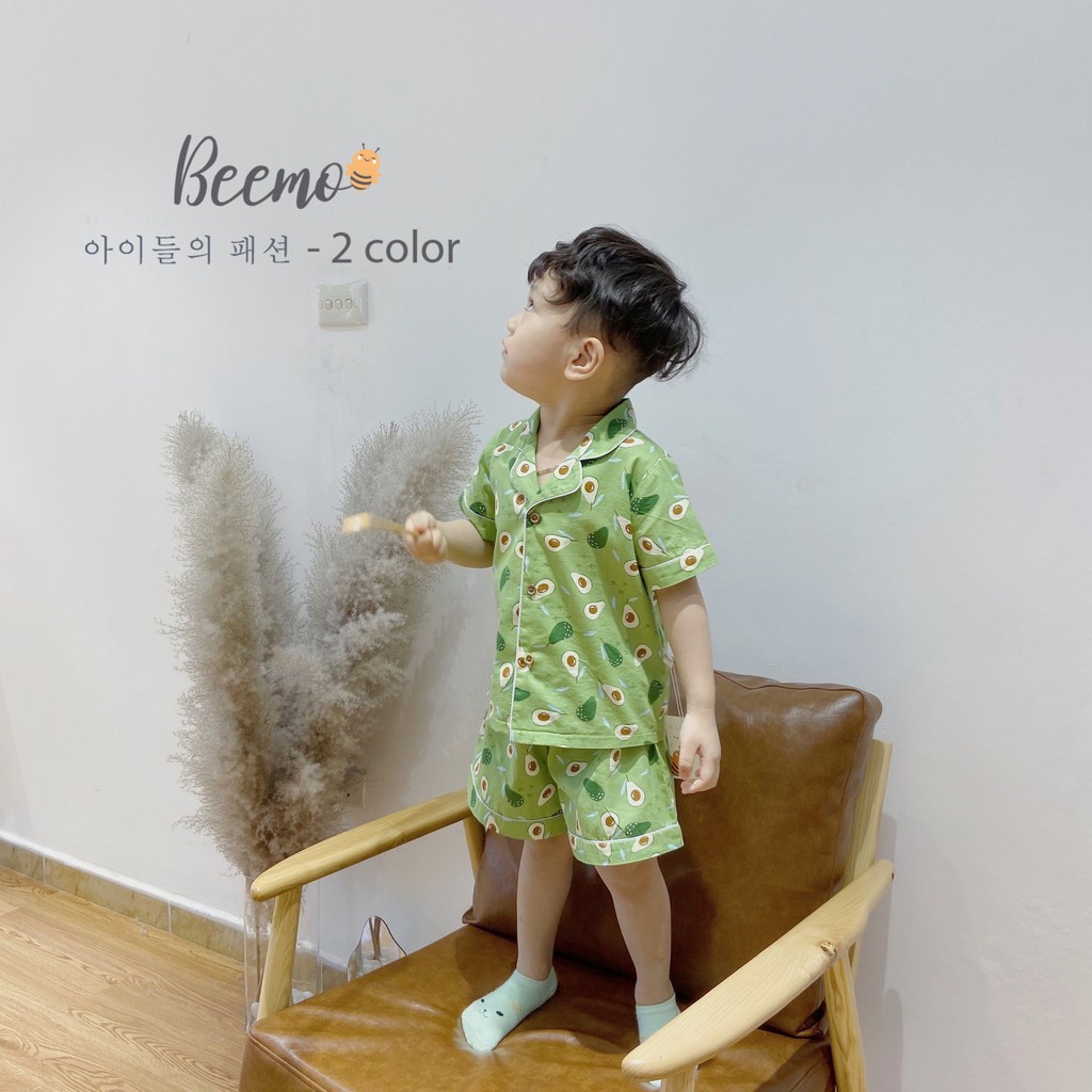 Set Pijama cộc tay cho bé Beemo, Chất liệu thô Hàn, họa tiết quả bơ xanh xinh xắn, thoáng mát B050