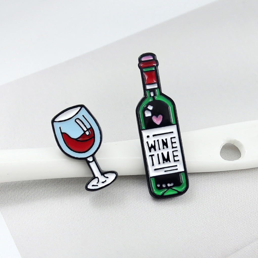 Huy hiệu cài áo hình ly rượu/ chai rượu vang họa tiết chữ cái Tiếng Anh &quot;Wine Time&quot; thời trang