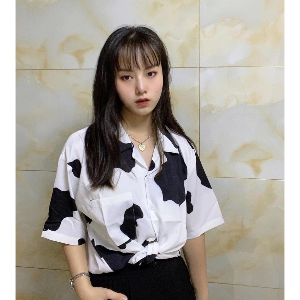 Áo sơ mi tay lỡ loang bò sữa unisex / Áo sơ mi loang bò sữa tay lỡ form thụng ulzzang