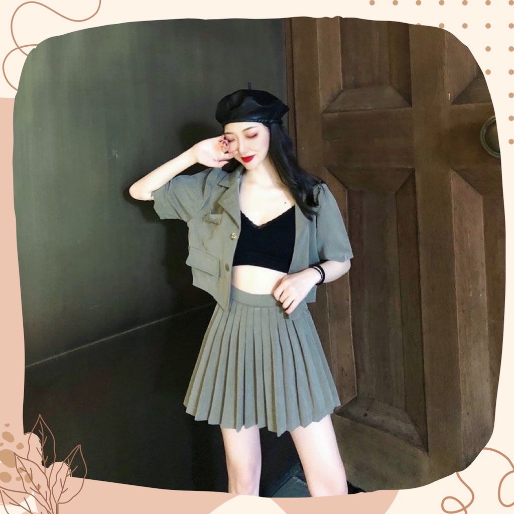 Sét áo vest croptop và chân váy tennis, Bộ áo chân váy xếp ly dáng ngắn kiểu hàn màu xanh rêu JAN House