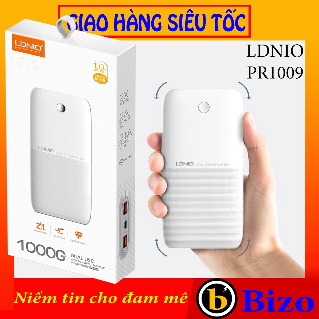 Pin sạc dự phòng LDNIO PR1009 10000mAh 2USB 2.0/2.1A hỗ trợ sạc cùng lúc nhiều thiết bị cục sạc du phong