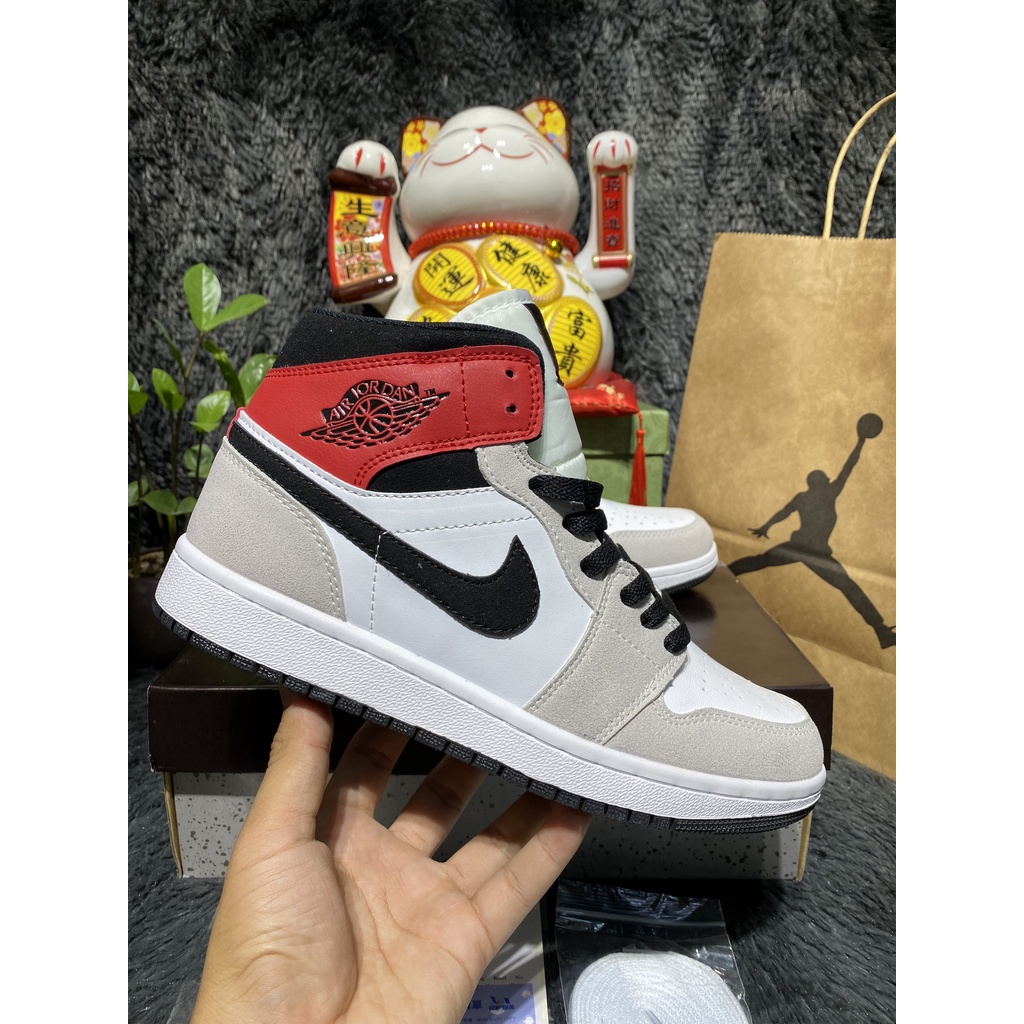 [Full box+bill] Giày Sneaker Jordan cao cổ xám đỏ đen hàng SC full box bill và hộp bảo vệ