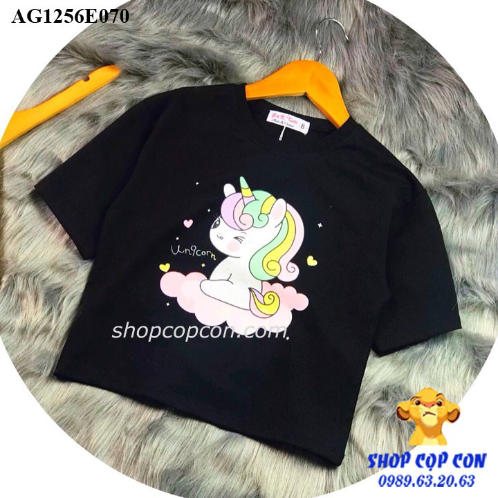 Áo thun croptop hình ngựa 1 sừng cho bé gái từ 24kg đến 38kg