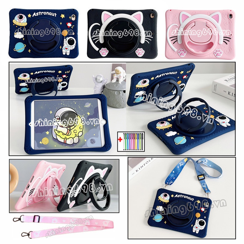 Samsung Galaxy Tab S6 Lite 10.4 2020 2022 SM-P610 P615 P613 P619 Kids Lanyard Cartoon Pattern Soft Silicone Case 360 ​​Degrees Rotate Stand Tablet Cover