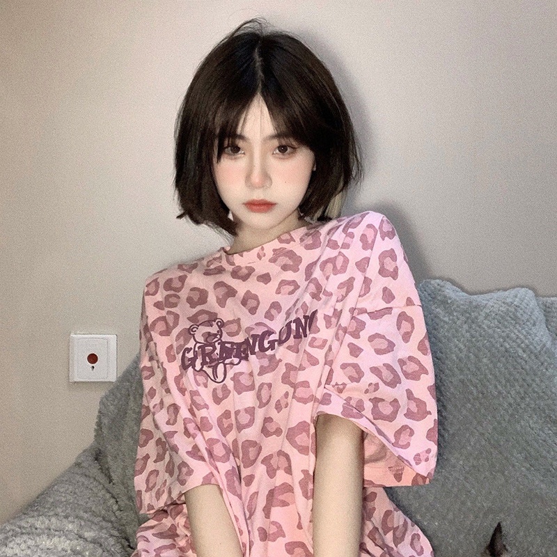 Áo Thun Tay Ngắn Dáng Rộng In Họa Tiết Da Báo Phong Cách Harajuku Hàn Quốc Thời Trang Mùa Hè Cho Nữ