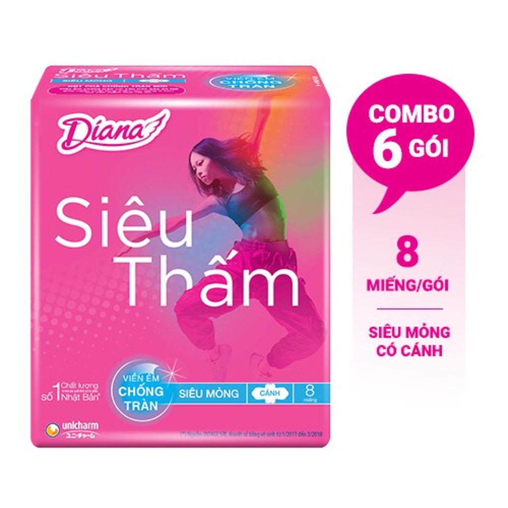 Combo 6 gói băng vệ sinh Diana siêu thấm cánh Maxi 8 miếng/gói