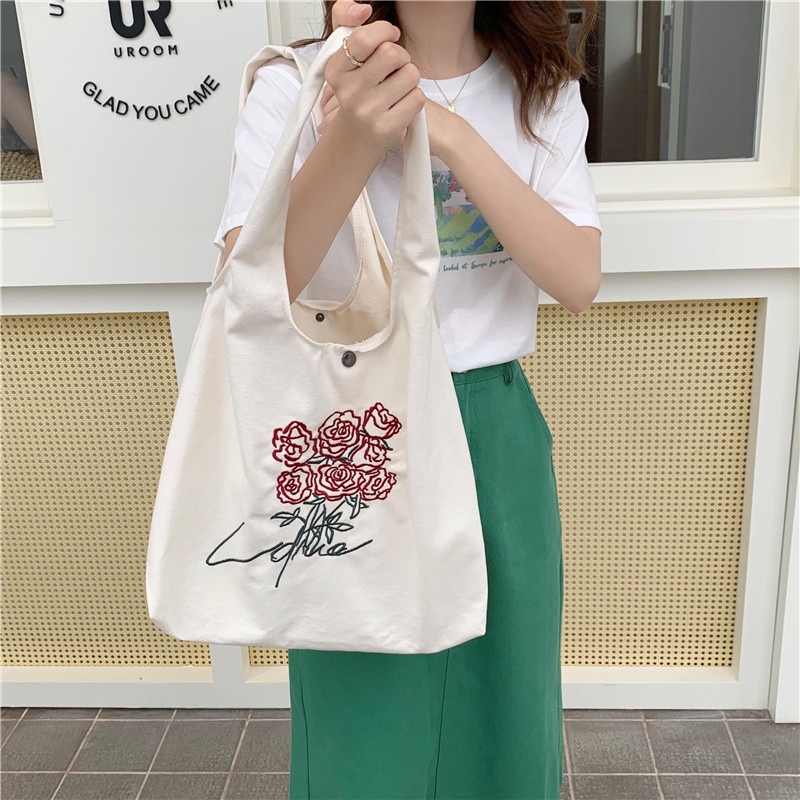 Túi Vải Canvas Thêu Hoa Hồng Thời Trang 2021 Dành Cho Nữ