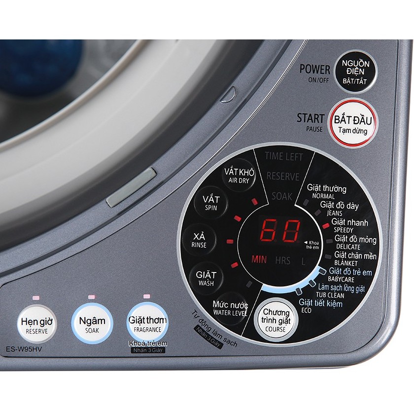 Máy giặt Sharp cửa trên Inverter 9.5kg ES-W95HV-S - Chính hãng BH 24 tháng - Miễn phí lắp đặt