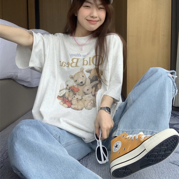 Áo thun SUXI tay ngắn cổ tròn dáng rộng in họa tiết hoạt hình phong cách Hàn Quốc