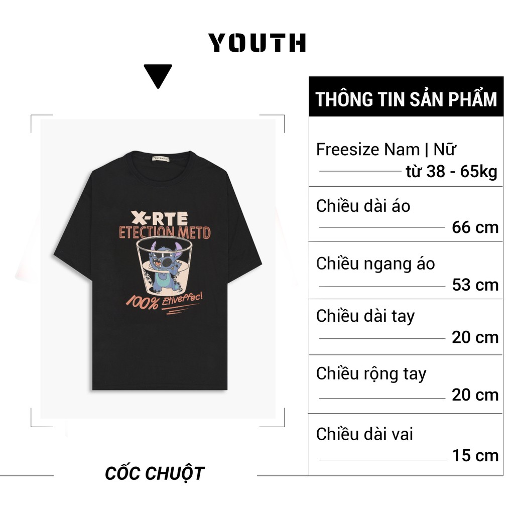 Áo thun nam nữ unisex YOUTH form rộng cổ tròn tay lỡ vải Cotton xịn FreeSize(38-65Kg) -  Cốc Chuột - AP57