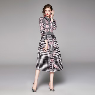 Đầm hoa dài tay cổ bẻ thời trang Châu Âu cho nữ