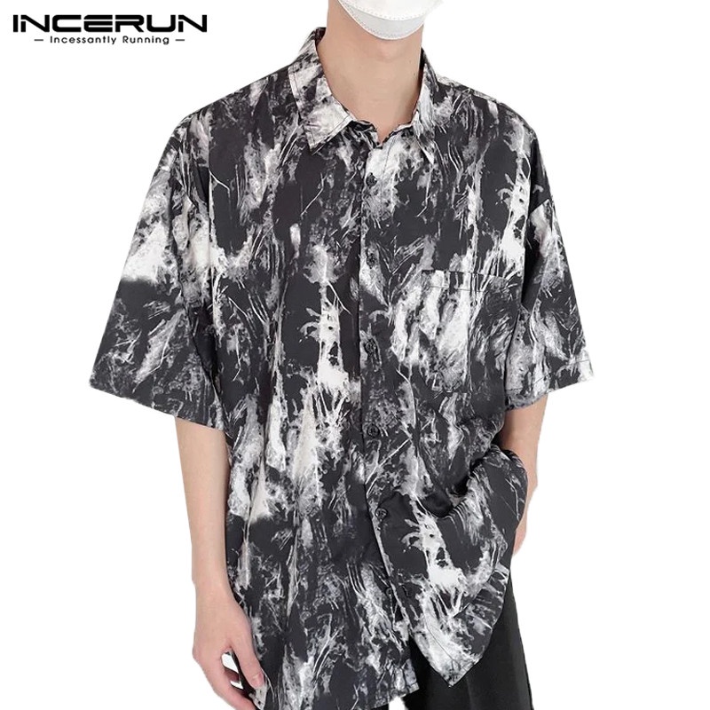 Áo sơ mi INCERUN dáng rộng tay ngắn cài nút in họa tiết hippie dành cho nam