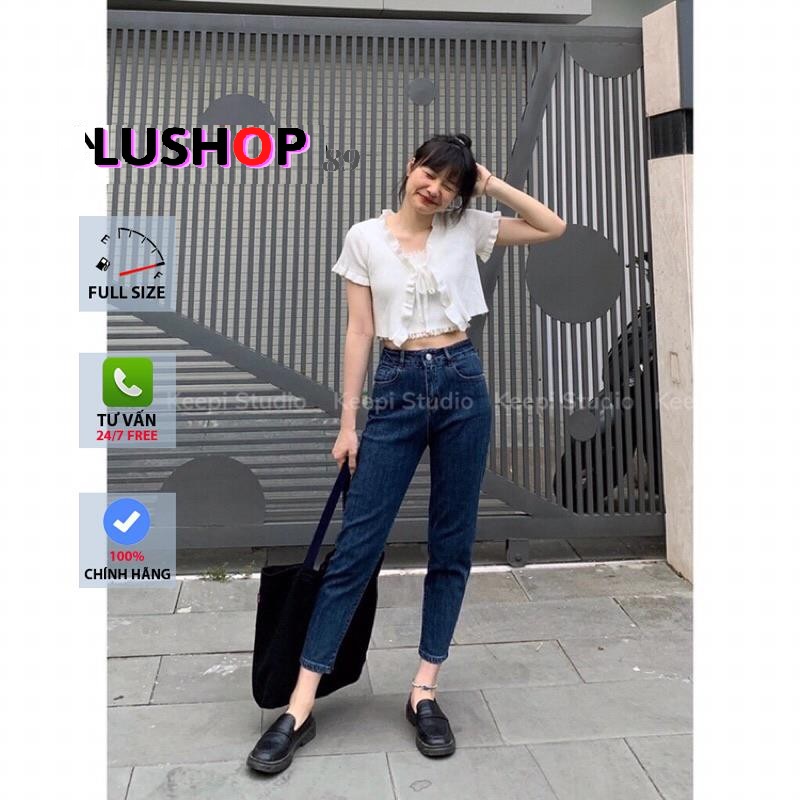 Quần jean bò baggy nữ cạp cao xanh tối đơn giản ống bó phong cách Hàn Quốc sành điệu style HOT lushop89 | BigBuy360 - bigbuy360.vn
