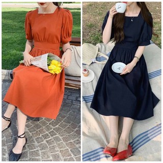 Đầm cổ vuông thắt nơ 2 màu