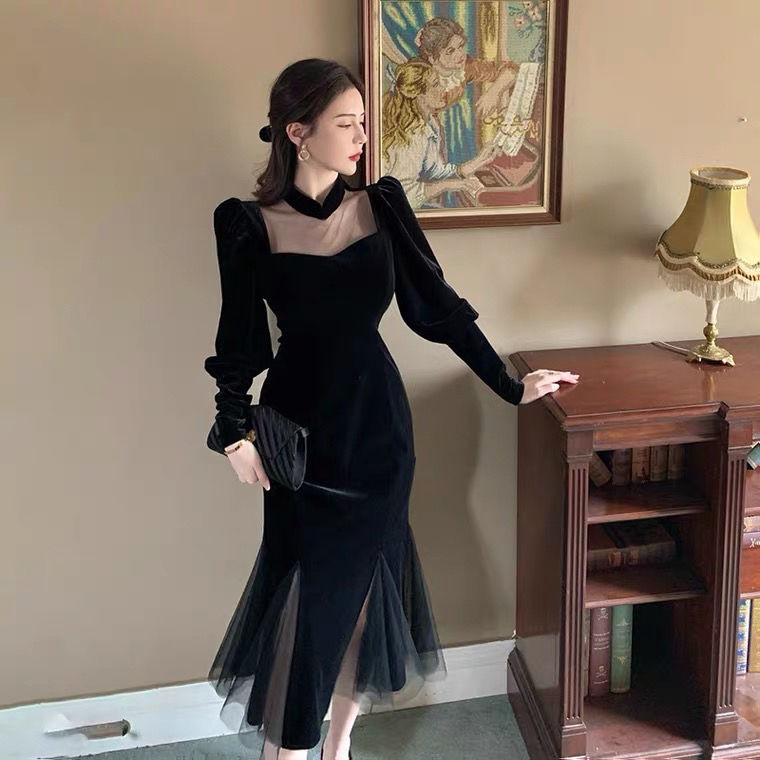 Đầm Nhung Dài Tay Phối Lưới Thời Trang Thanh Lịch Dành Cho Nữ | BigBuy360 - bigbuy360.vn