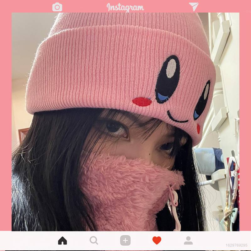Mũ beanie dệt kim màu hồng hình Kirby xinh xắn phong cách Hàn Quốc thời trang nữ