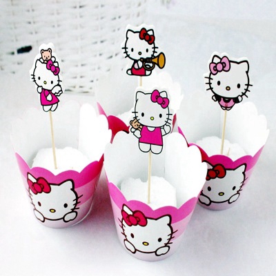 24pcs Happy Birthday Kitty Cupcake Wrappers Toppers