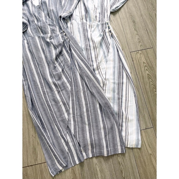 Đầm linen dáng midi dài kiểu vạt đắp chéo họa tiết sọc dọc ZR-hàng xuất xịn