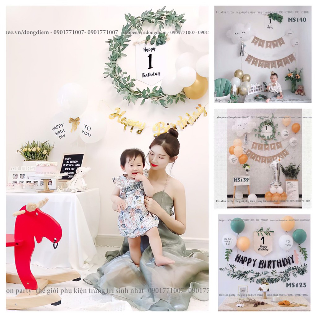 set trang trí sinh nhật bé trai bé gái, bóng bay sinh nhật hàn quốc, trang trí thôi nôi tone màu pastel mẫu mới