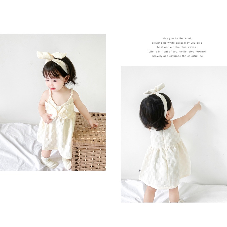 Bộ Áo Liền Quần / Đầm Hai Dây + Băng Đô Cài Tóc Thời Trang Mùa Hè Xinh Xắn Cho Bé Gái