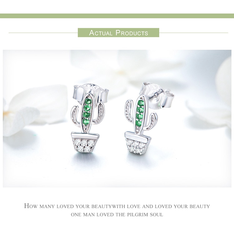 Bông tai Bamoer bạc 925 hình cây xương rồng đính đá kiểu dáng thời trang cho nữ