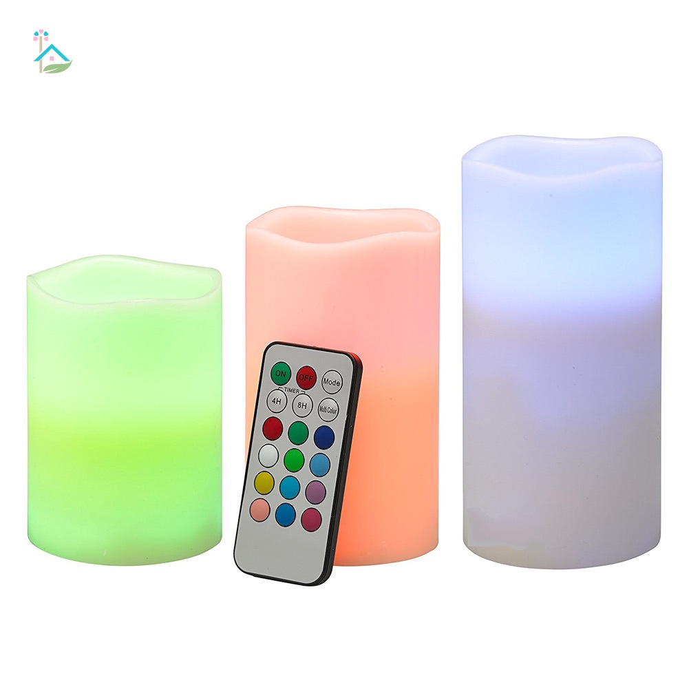Set 3 Đèn LED Hình Nến Không Lửa Thay Đổi Màu Sắc Sử Dụng Pin Kèm Điều Khiển Từ Xa