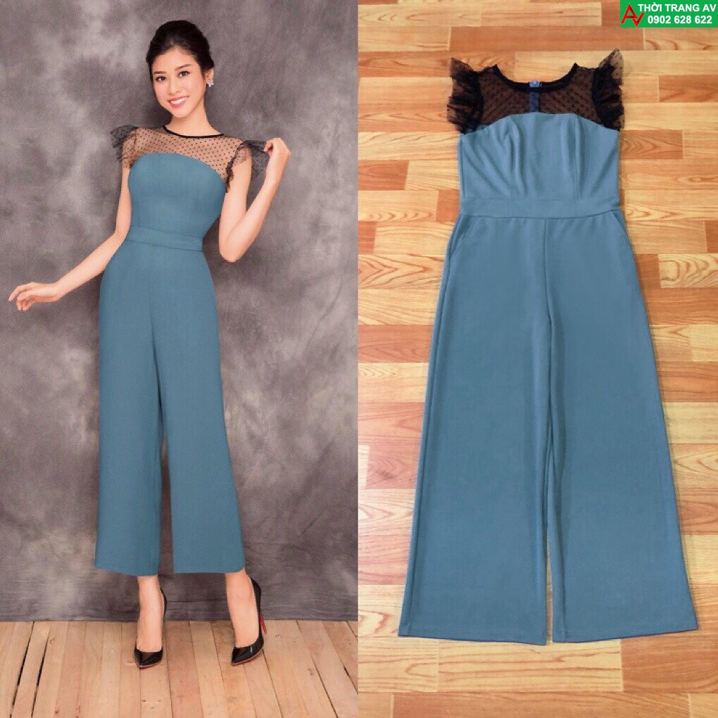 Jumpsuit - Đồ bay dài ống suông phối lưới chấm bi cực hot - AV5993