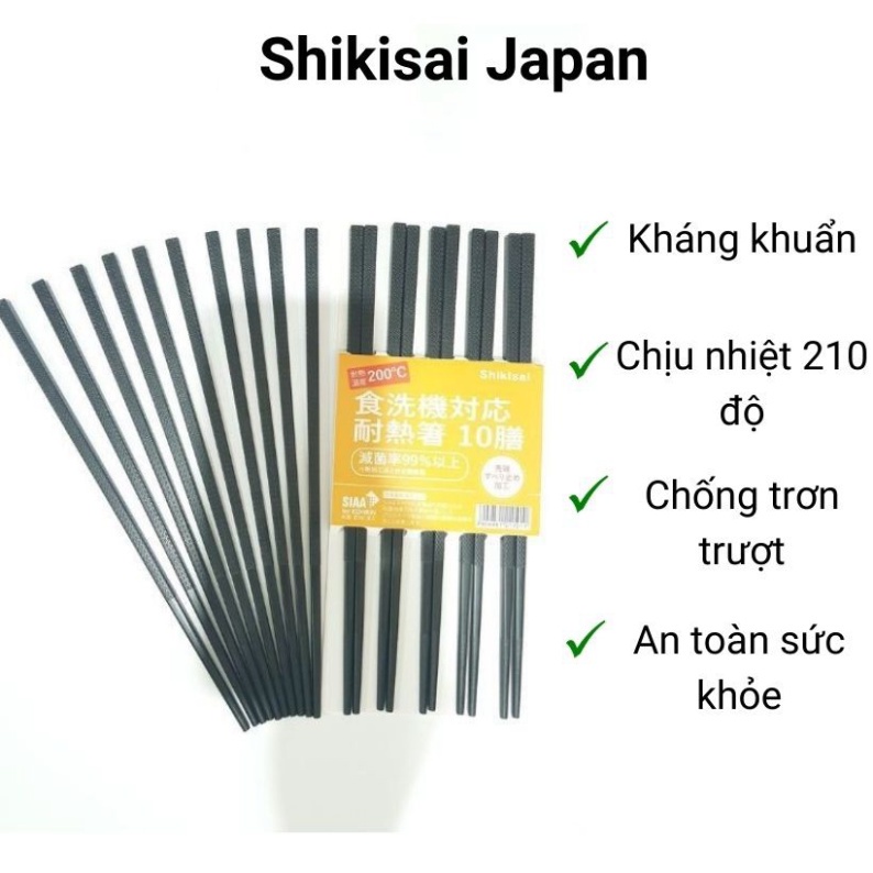 Đũa kháng khuân Nhật Bản cao cấp, Bộ 10 đôi đũa ăn cơm gia đình kiểm soát 99% vi khuẩn, chịu nhiệt, chống trơn tốt