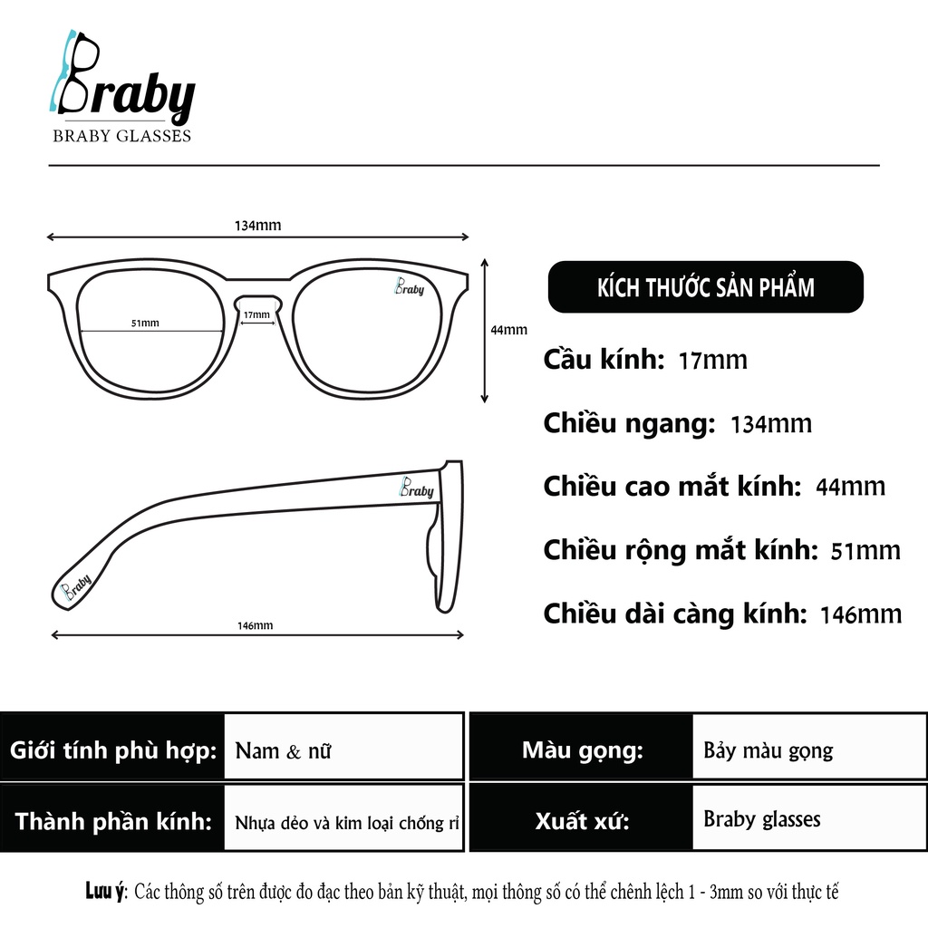 Gọng kính cận mắt tròn nửa gọng thời trang nam nữ Braby Glasses chất liêu Thép chống gỉ bọc nhựa tinh tế sang trọng Mk31