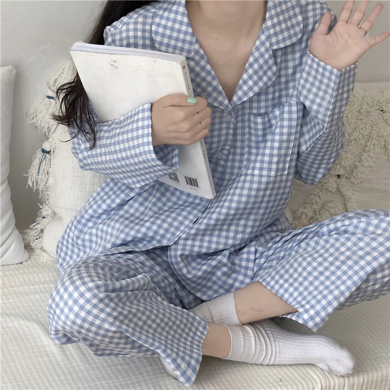 Set pyjama dài tay kẻ caro phong cách Hàn