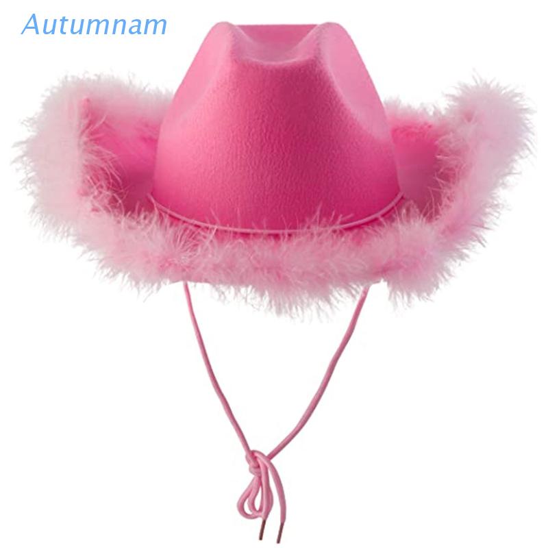 Nón Cao Bồi Rộng Vành Phối Lông Vũ Màu Hồng Phong Cách Cao Bồi Thời Trang Mùa Thu