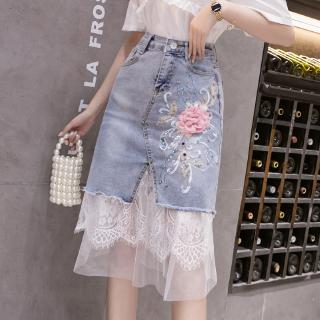 Chân Váy Denim Phối Ren Đính Hạt Thời Trang Cho Nữ