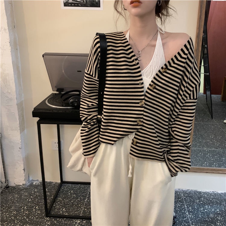 Áo khoác cardigan dệt kim cổ chữ V họa tiết kẻ sọc thời trang xuân thu mới 2021 dành cho nữ