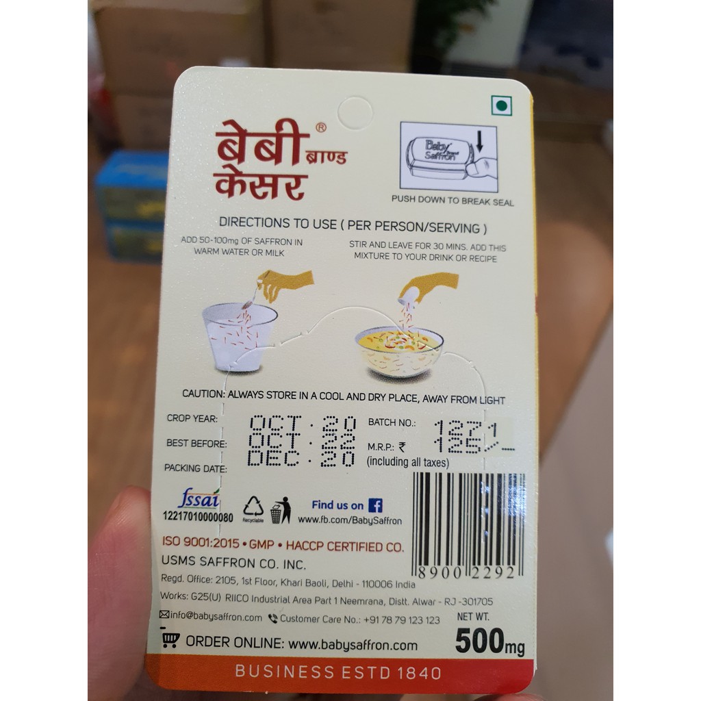 {Date T10-2022} Nhụy hoa Nghệ tây Baby Saffron Kashmir 0.5g