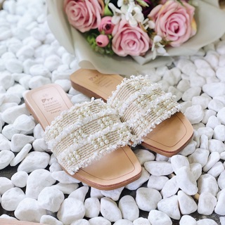 Dép ngọc phối vải tweed