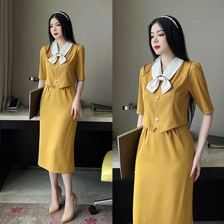 Bộ áo và chân váy vàng kèm nơ