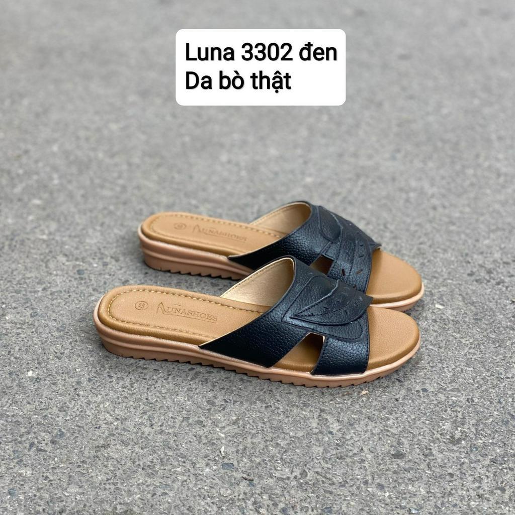 Dép quai chéo nữ đế bằng cao 2p LUNASHOES 3302 da bò mềm mũi hở chống nước đi lại hàng ngày