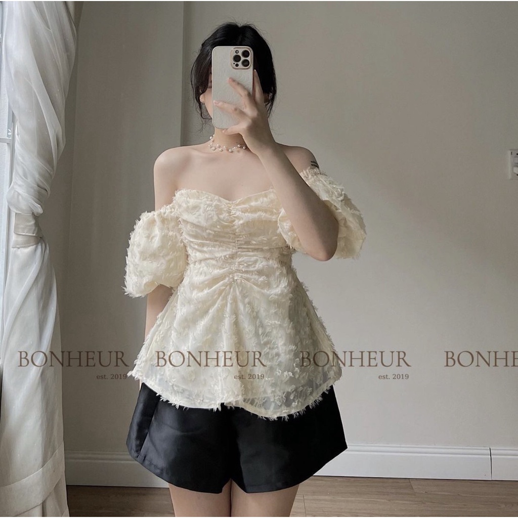 Áo Voan Trễ Vai Lông Vũ Nhún Ngực, Áo Trễ Vai Tiểu Thư Phong Cách March.Clothes
