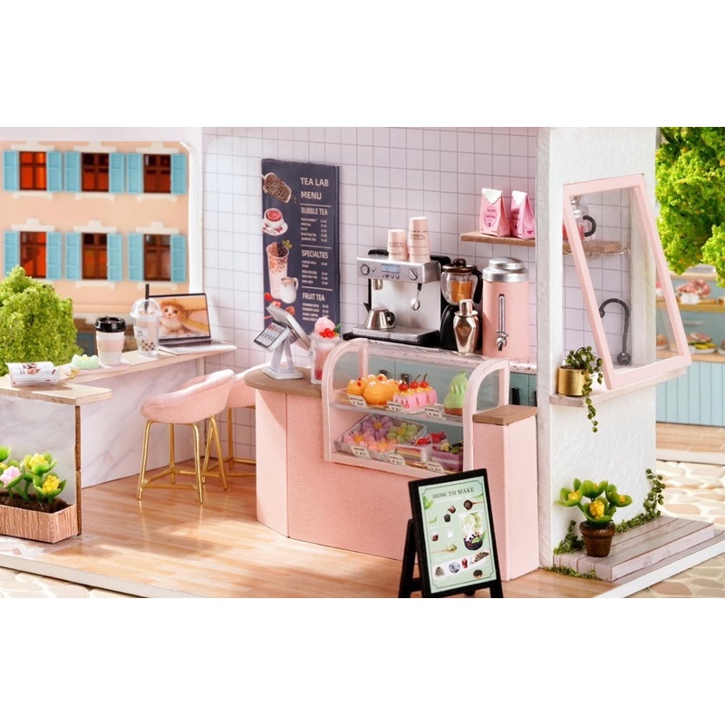 (Tặng keo,mica,đèn)Mô hình gỗ Nhà búp bê tự lắp ráp tiệm bánh TEA LAB diy house doll đồ chơi C015