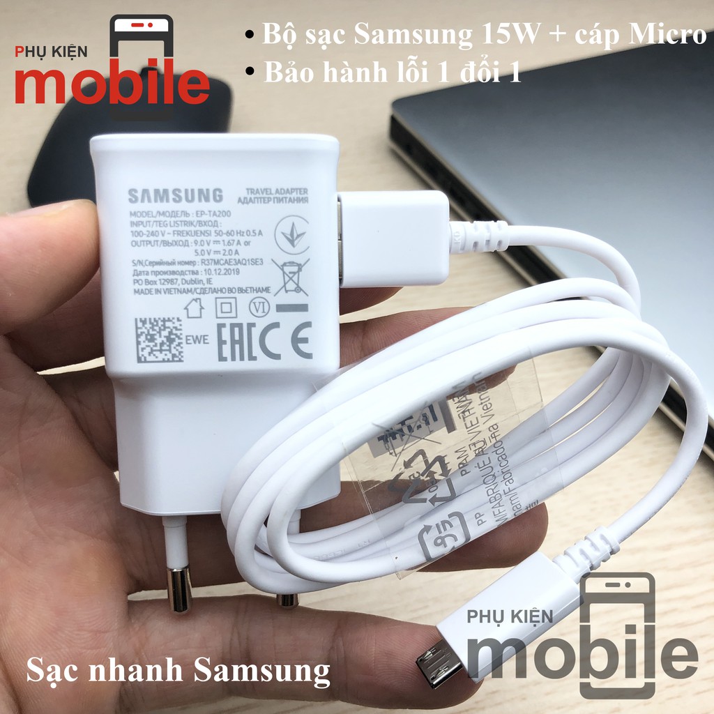 Sạc nhanh Samsung 15W + Cáp Micro-Usb chính hãng cho A10/A10s/A01/J7/S6/S6Edge/S7/S7Edge/Note4/Note5/...