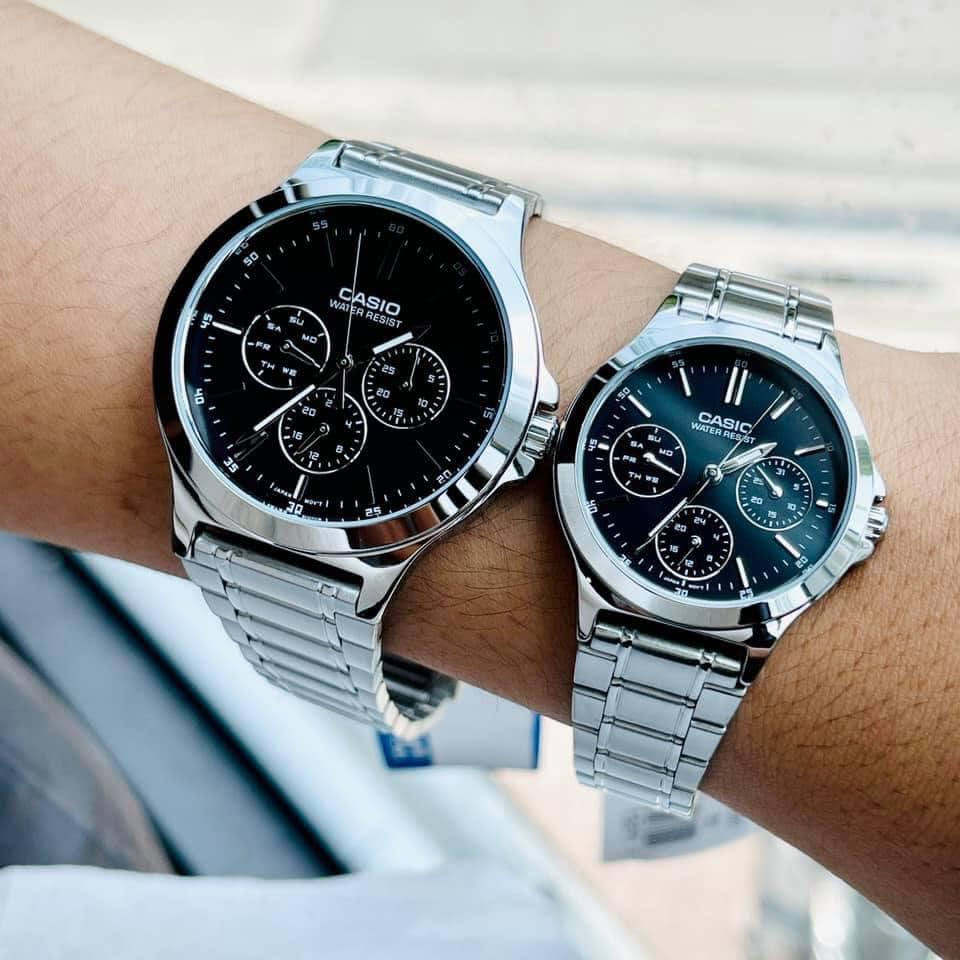 Đồng hồ Nam Casio MTP-V300D-1AUDF, đồng hồ chính hãng, dây bạc mặt đen, 6 kim