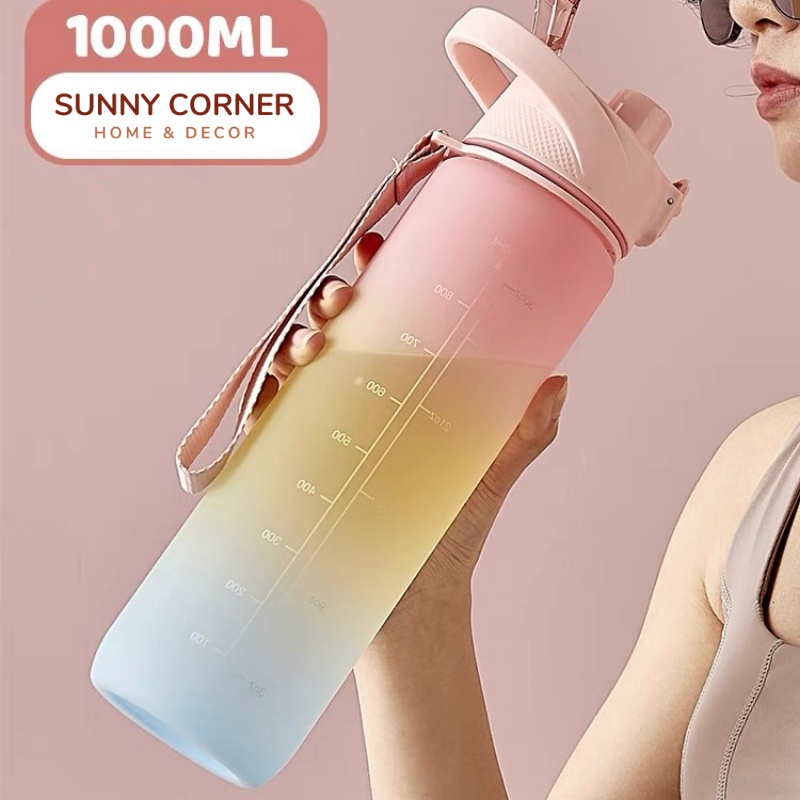 Bình nước thể thao 1L bằng nhựa cao cấp, bình nước 1 lít dễ thương có chia vạch nhắc nhở giờ uống nước