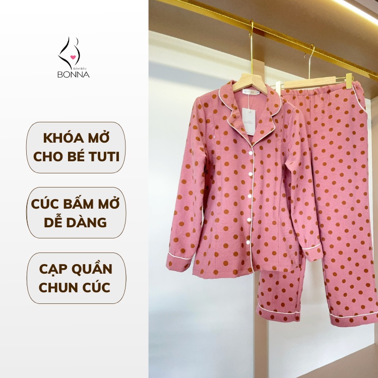 Đồ bộ bầu thu đông BONNA chất nhung tăm cao cấp, dáng pijaza, mặc trước và sau sinh đều thoải mái, thiết kế 2in1 B020