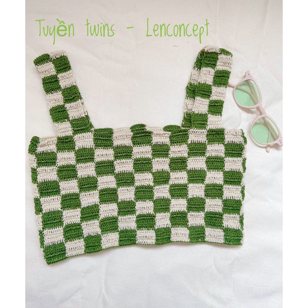 Áo len croptop hai dây  - handmade HỌA TIẾT CARO SIÊU HOT